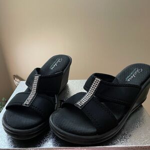 Skechers Black Wedge Sandals with Rhinestone Detail